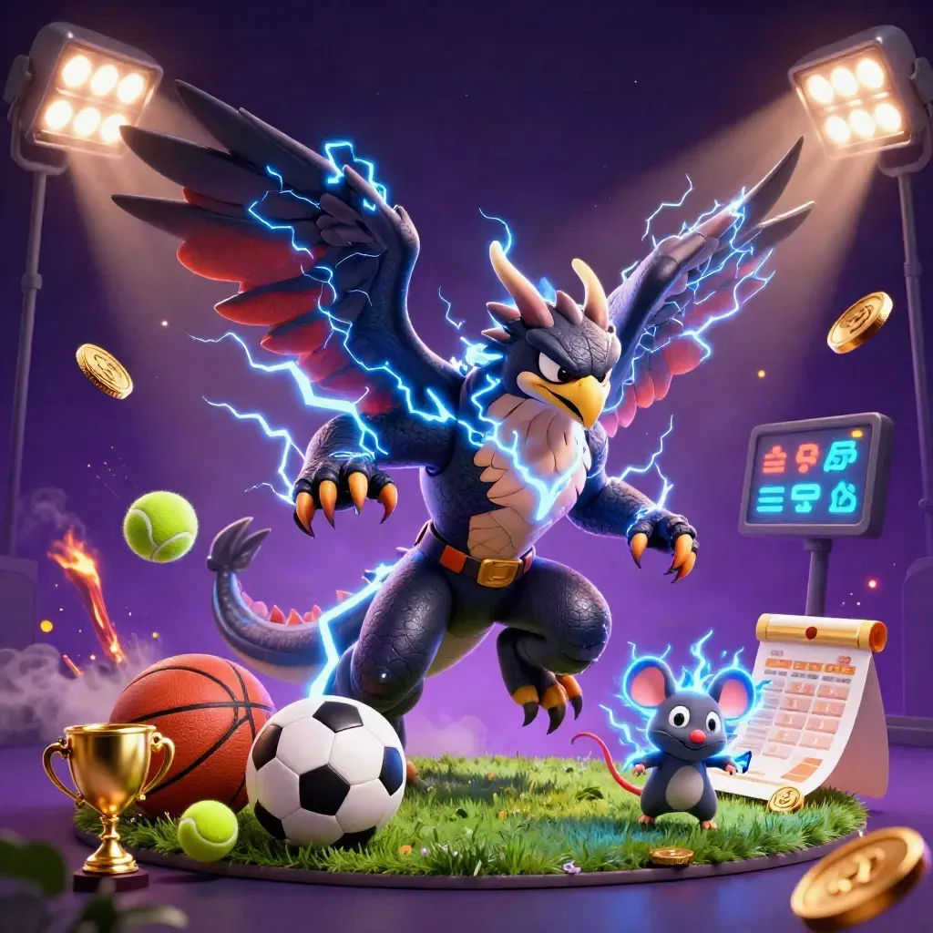 Drago fulmine, falco e topo elettrico tra pallone, trofeo e monete in stile casino.