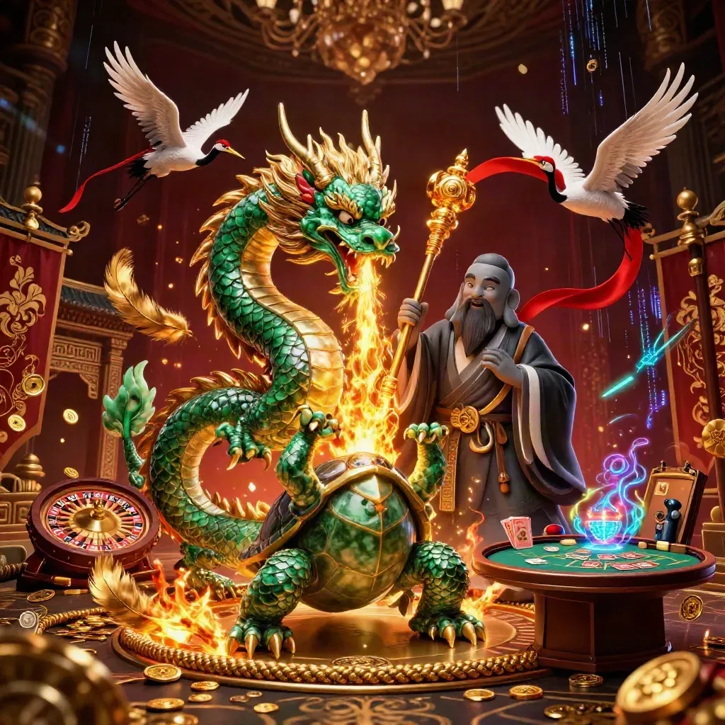 Drago giada, tartaruga saggia e gru tra fuoco, oro e luci da casinò.