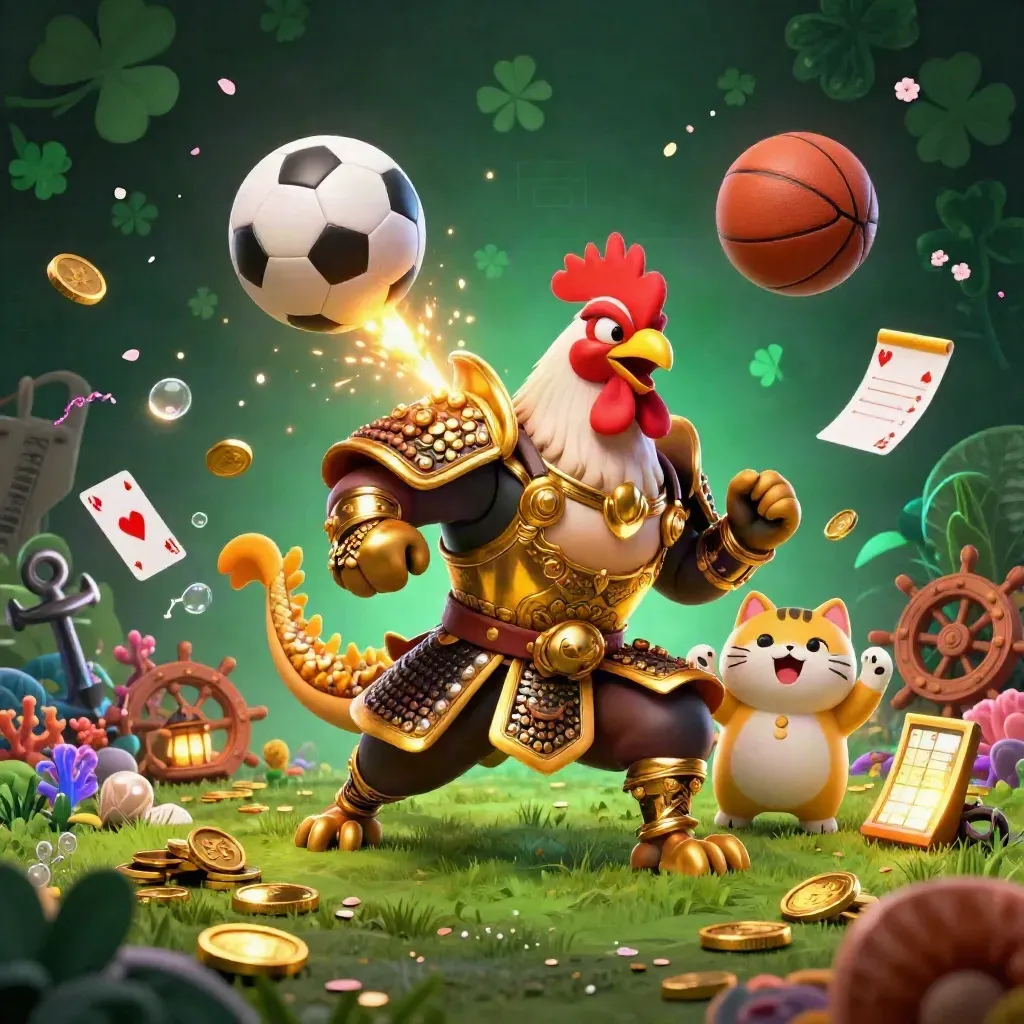Gallo samurai, draghetto e gatto portafortuna tra coralli, monete e pallone in aria.