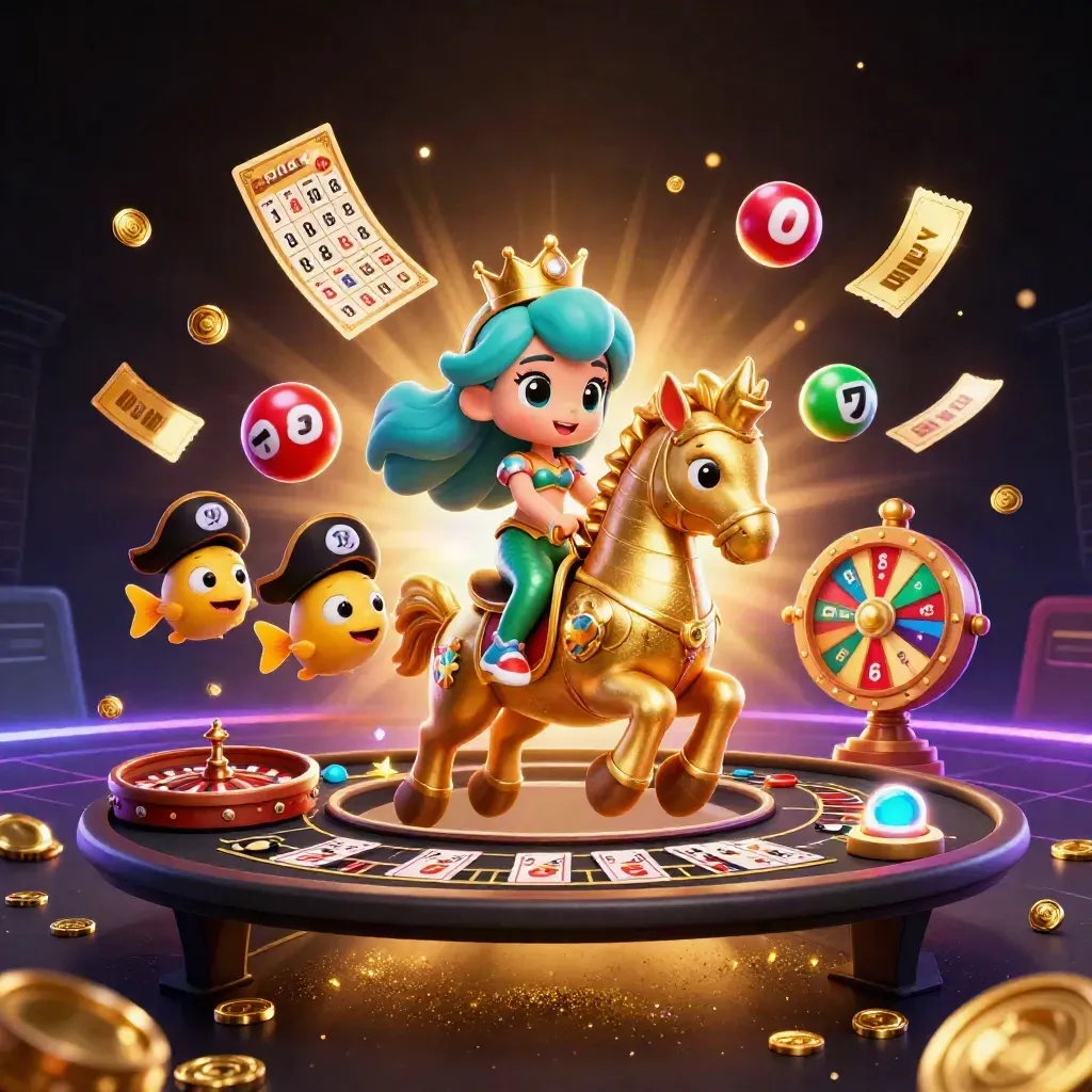 Sirena 3D su cavalluccio marino d’oro, pesci pirata e luci da sala casino futuristica.
