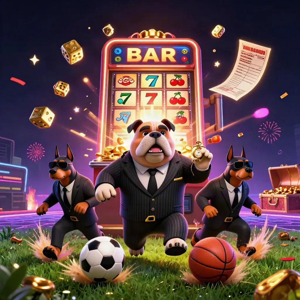 Bulldog boss e doberman tra slot, pallone, pallacanestro e oro in una scena neon lussuosa.