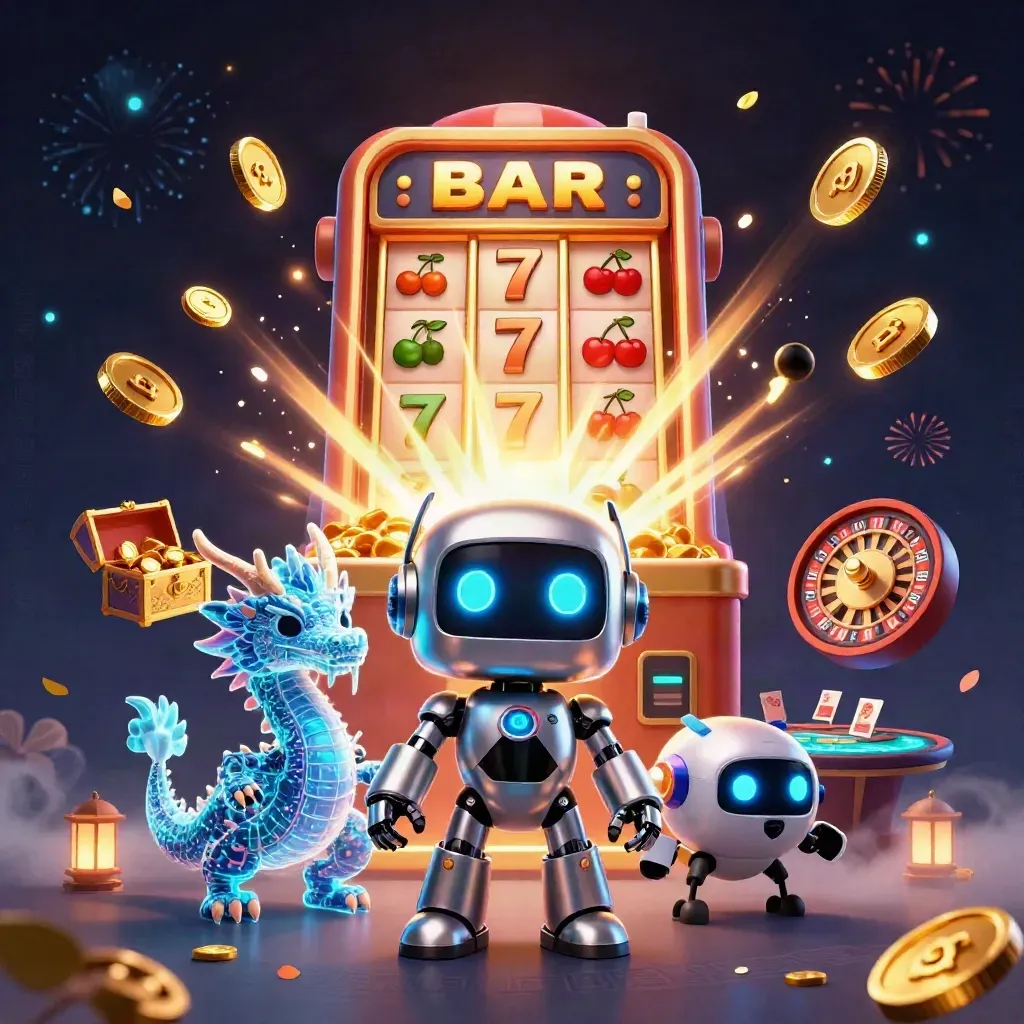 Robot cyberpunk, drago olografico e drone tra slot, monete d’oro, fuochi e luci blu.