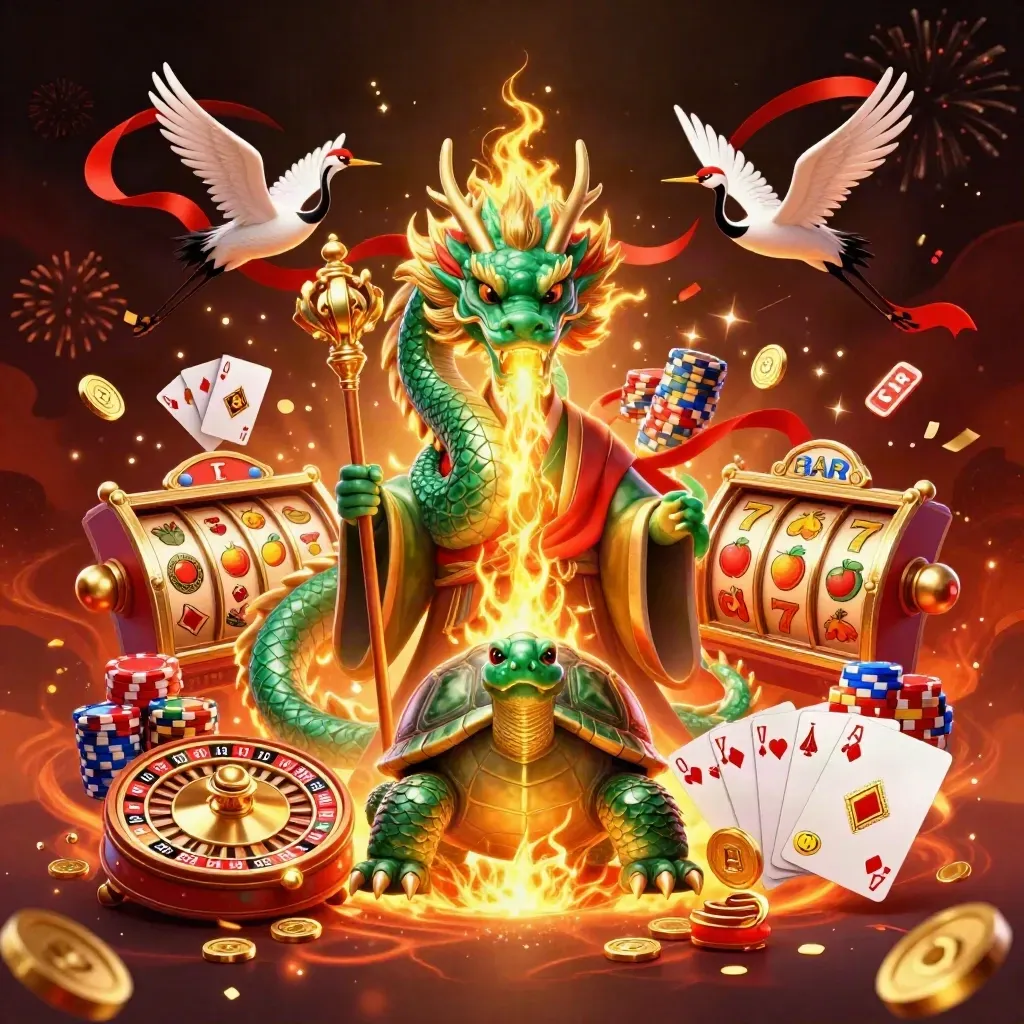 Drago di giada, tartaruga saggia e gru tra monete d'oro e ruota roulette scintillante