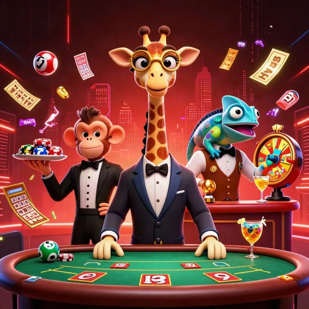 Giraffa high-roller, scimmia valet e camaleonte bartender tra gettoni e luci casino.